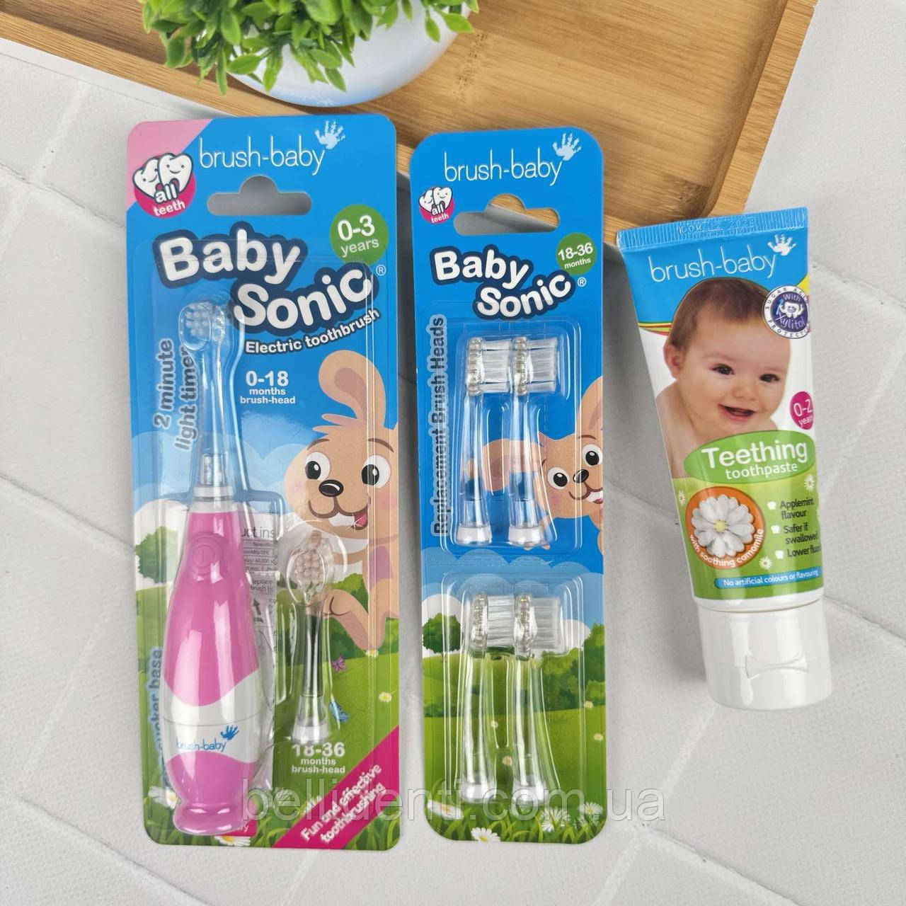 Набір Brush-Baby BabySonic від 0 до 3 років (паста 50 мл Teething, рожева щітка і насадки), фото 1