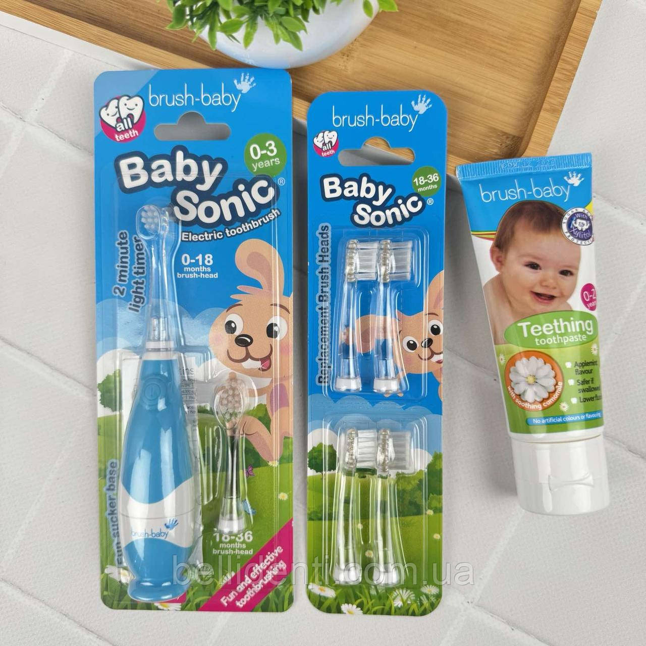 Набір Brush-Baby BabySonic від 0 до 3 років (паста 50 мл Teething, блакитна щітка і насадки), фото 1