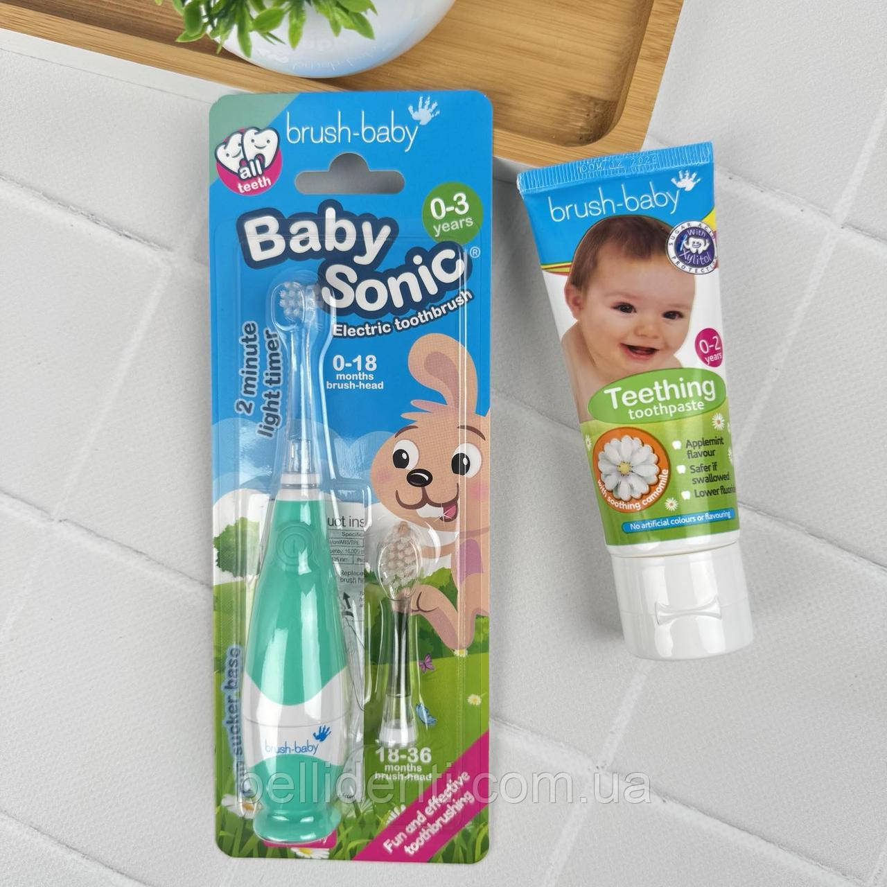 Набір Brush-Baby BabySonic від 0 до 3 років (паста 50 мл Teething, бірюзова щітка), фото 1
