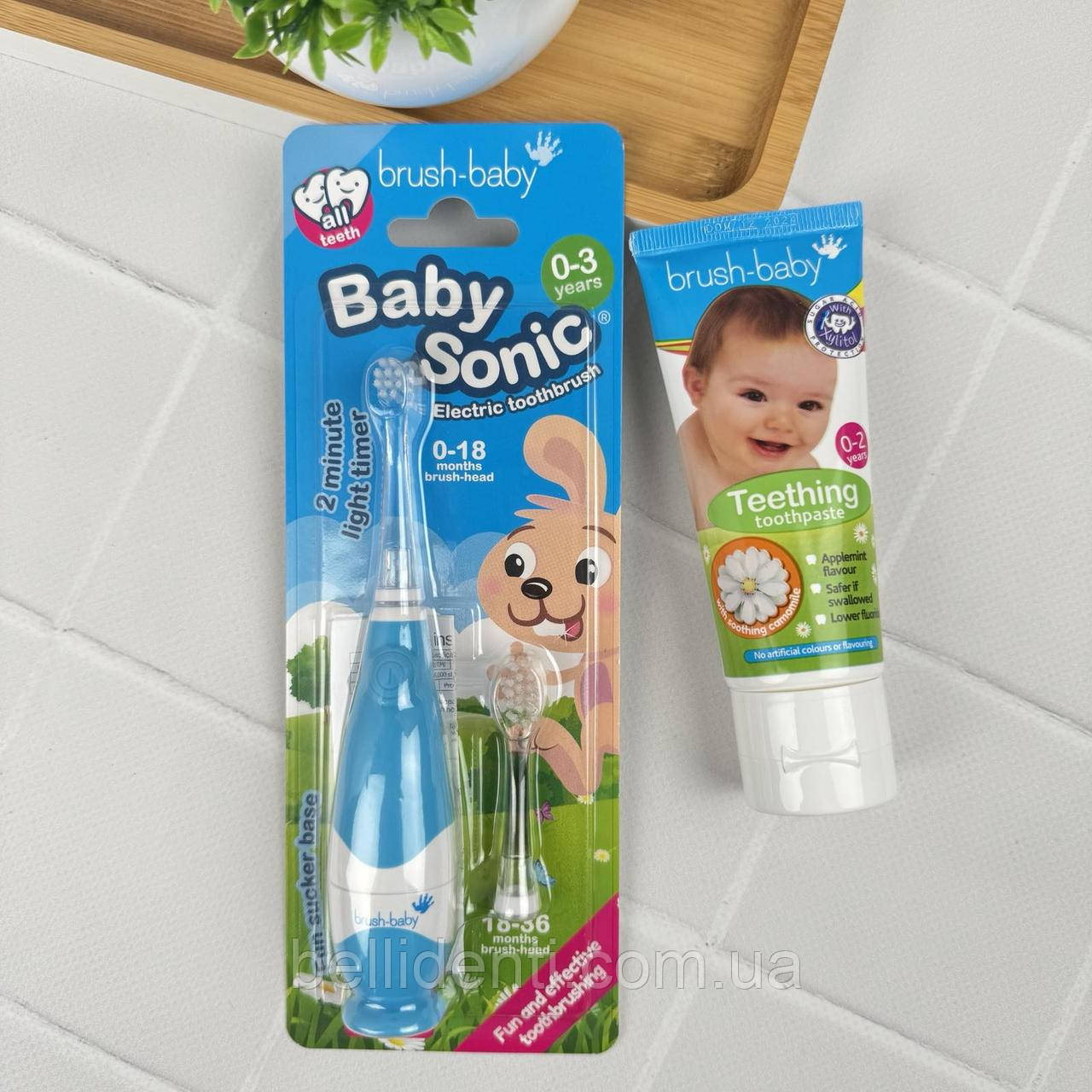 Набір Brush-Baby BabySonic від 0 до 3 років (паста 50 мл Teething, блакитна щітка)
