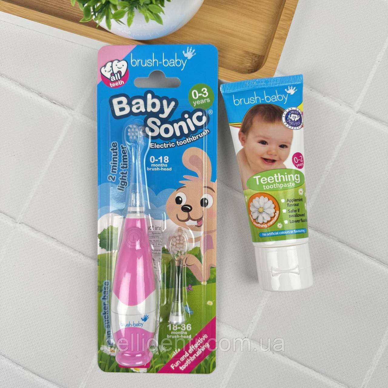 Набір Brush-Baby BabySonic від 0 до 3 років (паста 50 мл Teething, рожева щітка)