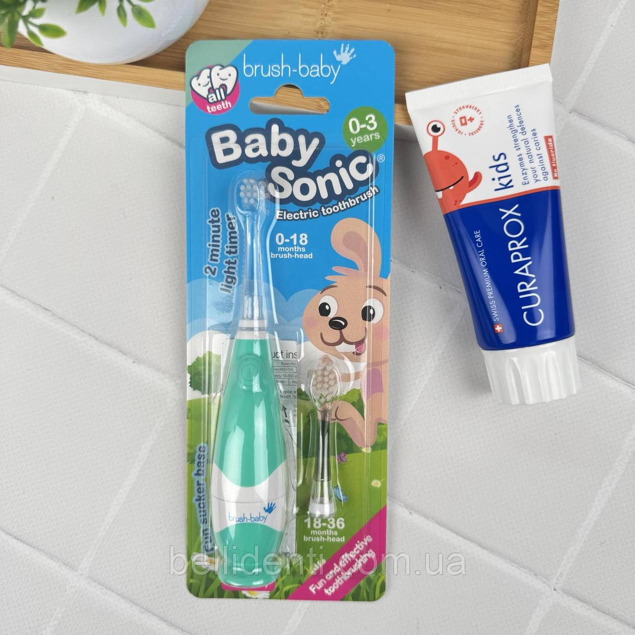 Набір Brush Baby BabySonic Curaprox від 0 до 2 років (паста 60 мл без фтору + бірюзова зубна щітка), фото 1