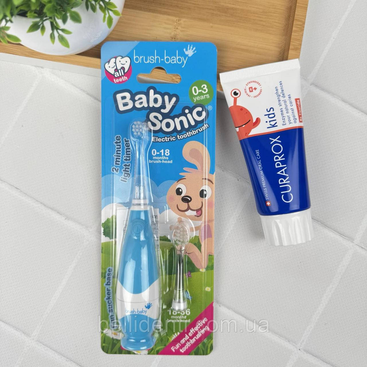 Набір Brush Baby BabySonic Curaprox від 0 до 2 років (паста 60 мл без фтору + блакитна зубна щітка)