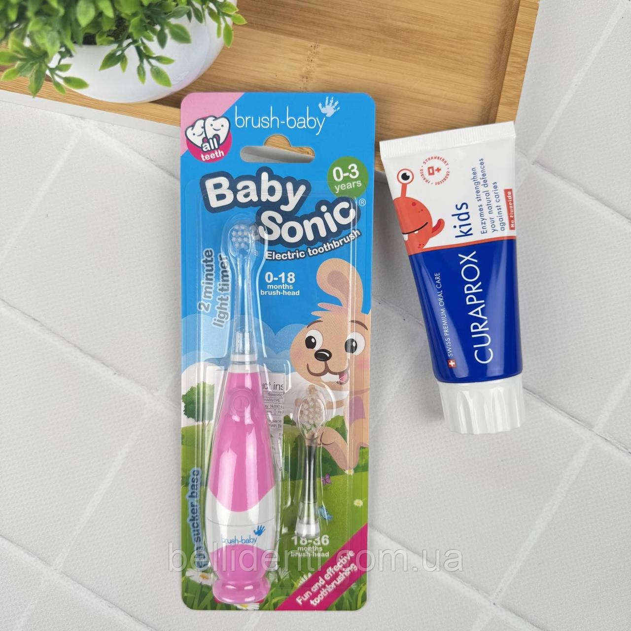 Набір Brush Baby BabySonic Curaprox від 0 до 2 років (паста 60 мл без фтору + рожева зубна щітка), фото 1