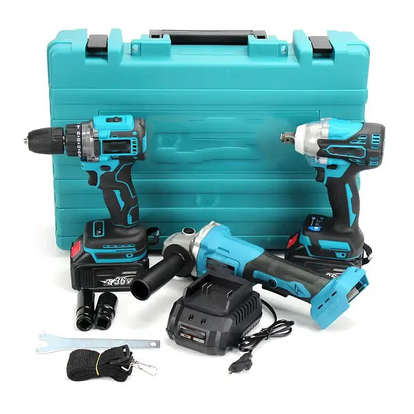 Набір 3/1 акумуляторних інструментів у кейсі: болгарка, шуруповерт, гайковерт AJ-28, фото 1