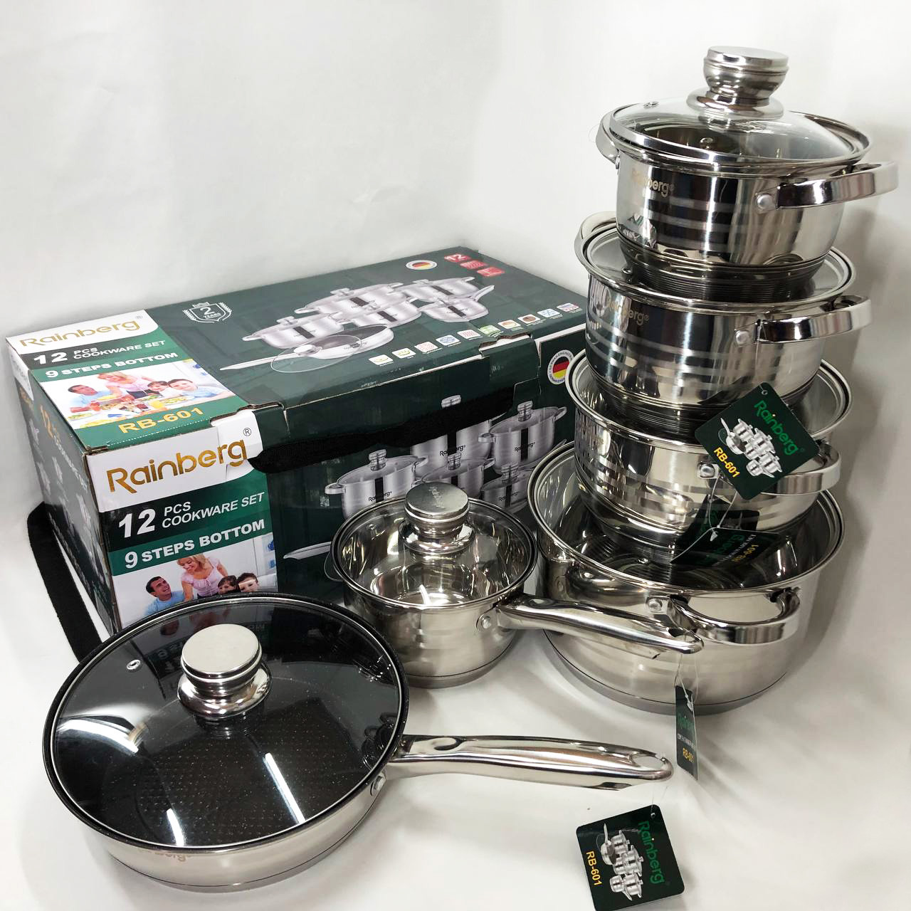 Комплект металевих каструль Rainberg RB-601 12 предметов, Набір високих каструль, Набір посуду каструлі VI-68, фото 1