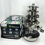 Комплект металевих каструль Rainberg RB-601 12 предметов, Набір високих каструль, Набір посуду каструлі VI-68, фото 9