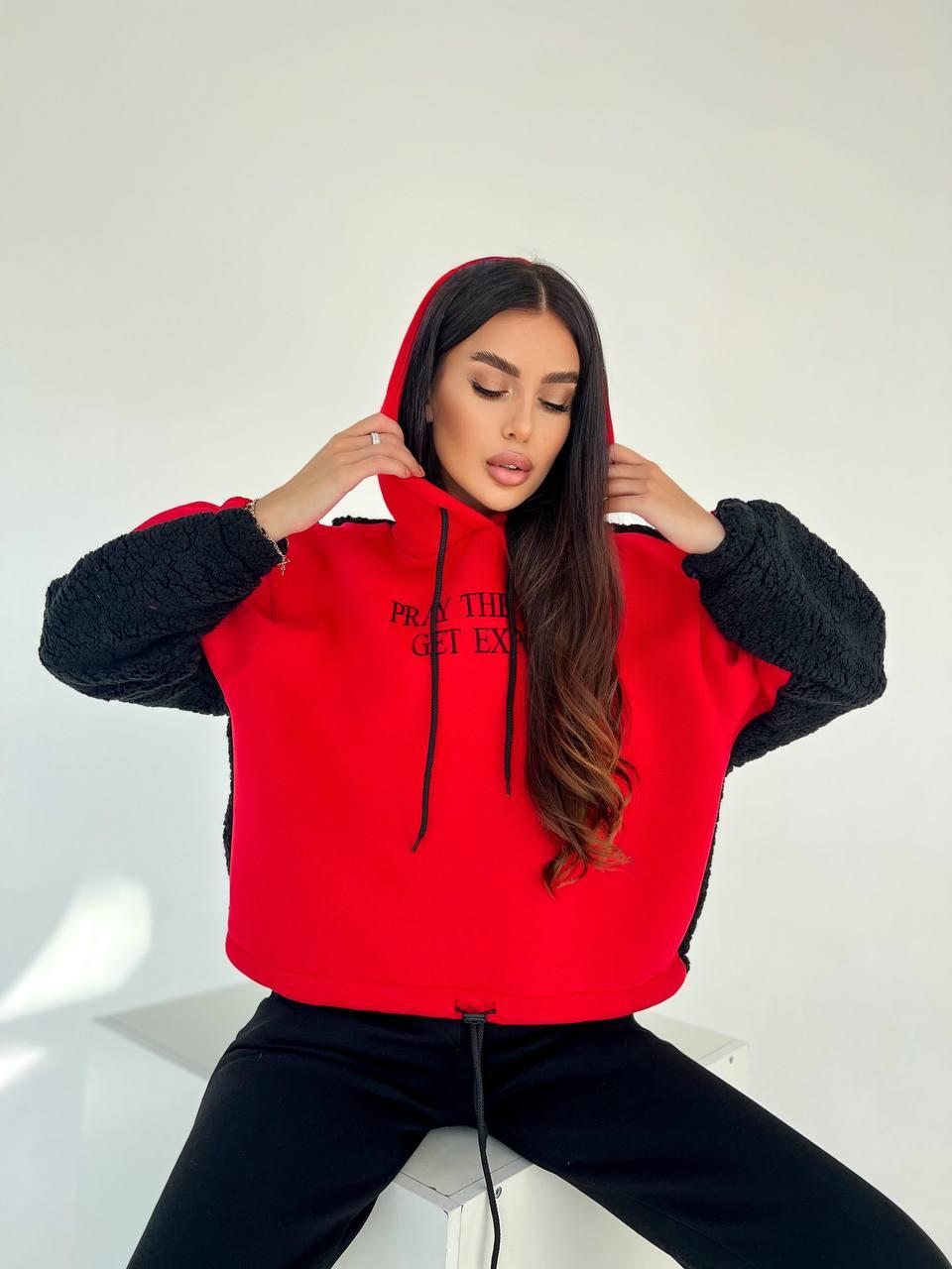 Костюм з трьохнитки на флісі + хутро Тедді Модель: 1528-661 Колір: мокко+білий, чорний+червоний, фото 1