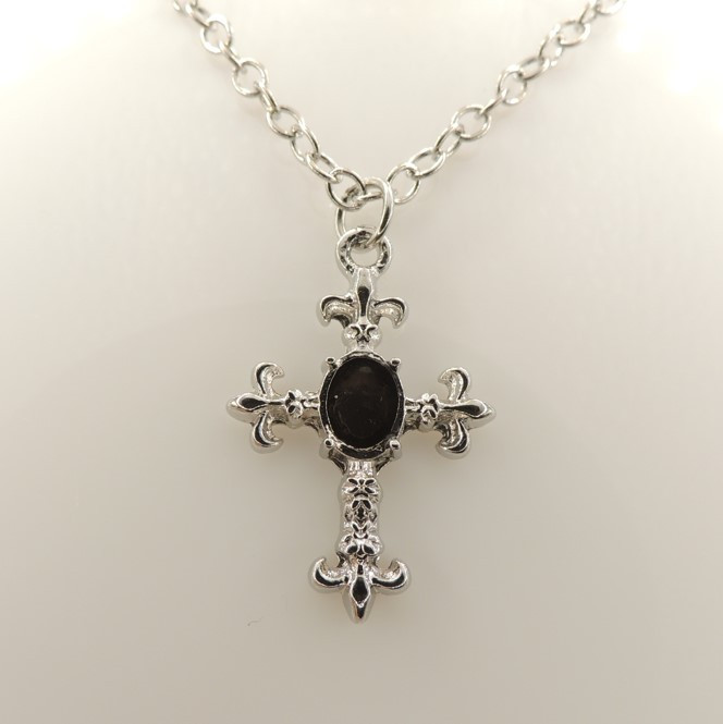 Сріблястий кулон хрест з чорним кристалом античний стиль ювелірний сплав ланцюжок нержавіюча сталь 304 Bow Star 3 см AurumLux293, фото 1