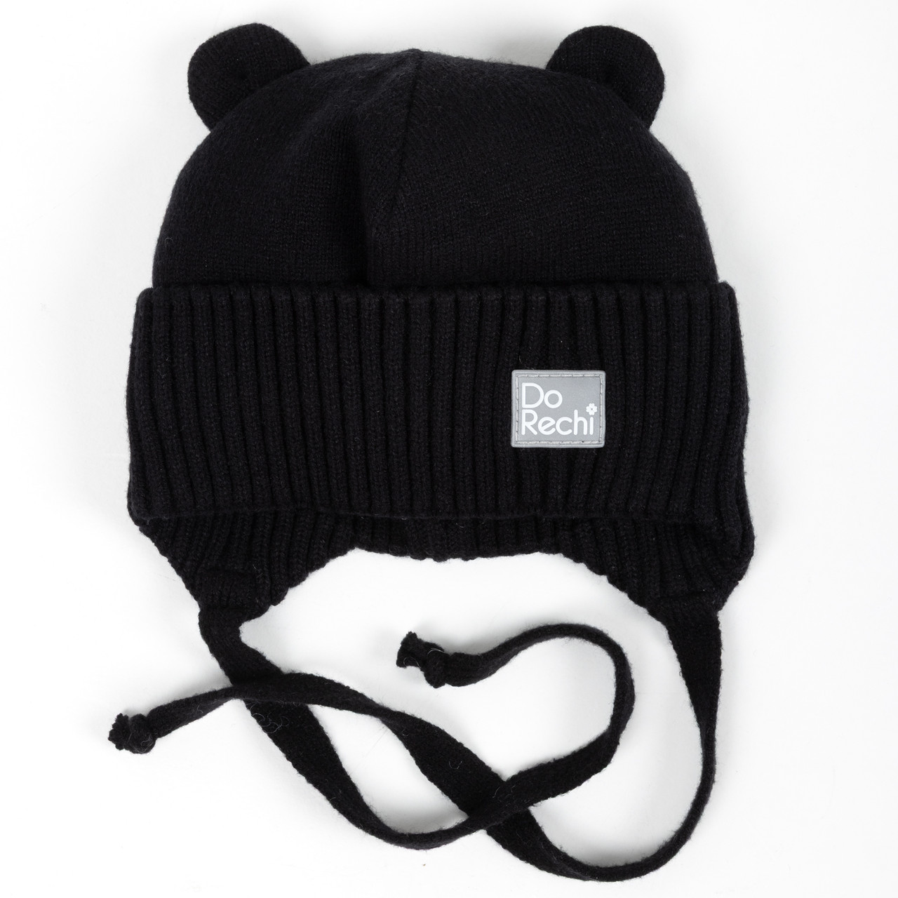 Дитяча зимова шапка з вушками на зав'язках, Вовна мериноса, колір Чорний, розмір 38, фото 1