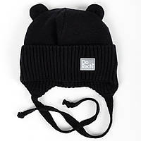 Дитяча зимова шапка з вушками на зав'язках, Вовна мериноса, колір Чорний, розмір 38