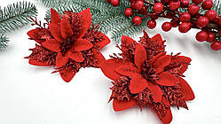 Пуансетія тканинна в глітері, 13см, червона з червоним, за 1 шт 12214