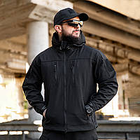 Демісезонна чоловіча куртка Softshell/ Тактична чорна куртка вітровка з капюшоном/ Військова куртка з липучками для шевронів
