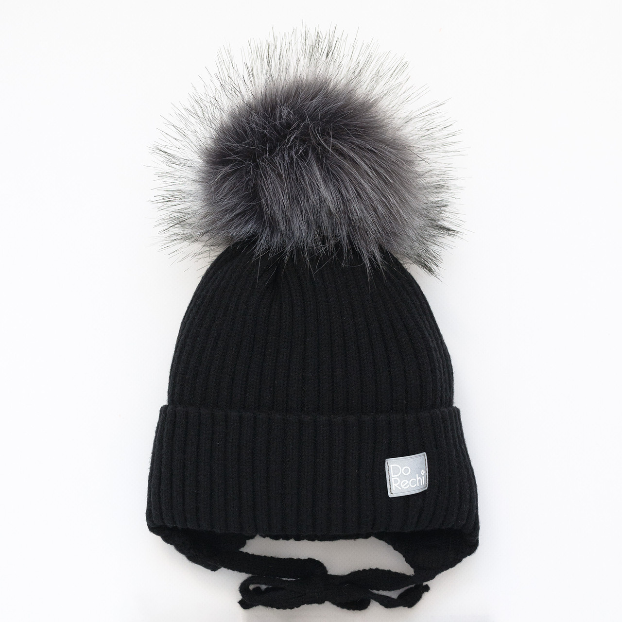 Дитяча зимова шапка з помпоном на зав'язках, Вовна мериноса, колір Чорний, розмір 46, фото 1