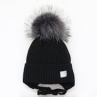 Дитяча зимова шапка з помпоном на зав'язках, Вовна мериноса, колір Чорний, розмір 46