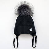 Дитяча зимова шапка з помпоном на зав'язках, Вовна мериноса, колір Чорний, розмір 46, фото 2