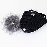 Дитяча зимова шапка з помпоном на зав'язках, Вовна мериноса, колір Чорний, розмір 46, фото 3