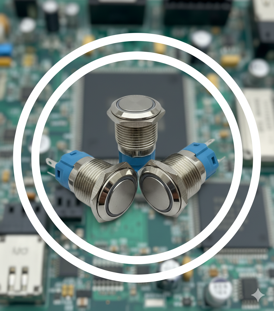 Кнопка 16 мм без фіксації 12-24 В з підсвічуванням білий LED 5pin Поворотна кнопка металева для автоматики, фото 1