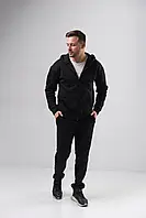 Чоловічий теплий спортивний костюм для зими з тринитки в комплекті на блискавці кофта та штани на флісі чорний