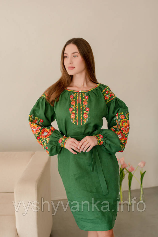 Зелена лляна сукня вишиванка в стилі петриківського розпису, арт. 4505-коротка, фото 1