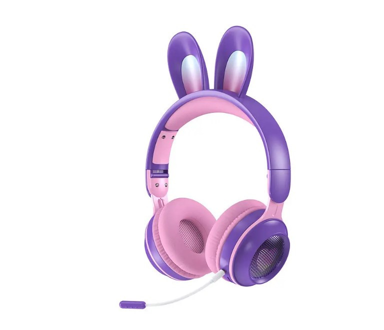 Бездротові дитячі Bluetooth навушники з вушками кролика, мікрофоном і LED підсвіткою ATD KE-01 Фіолетові, фото 1