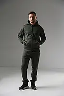Спортивний костюм для чоловіків теплий із тринитки на блискавці кофта та штани зимовий на флісі хакі
