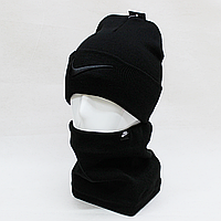 Теплий комплект шапка бафф найк (Nike) чорного кольору з чорною вишивкою на відвороті  ZE00105-8