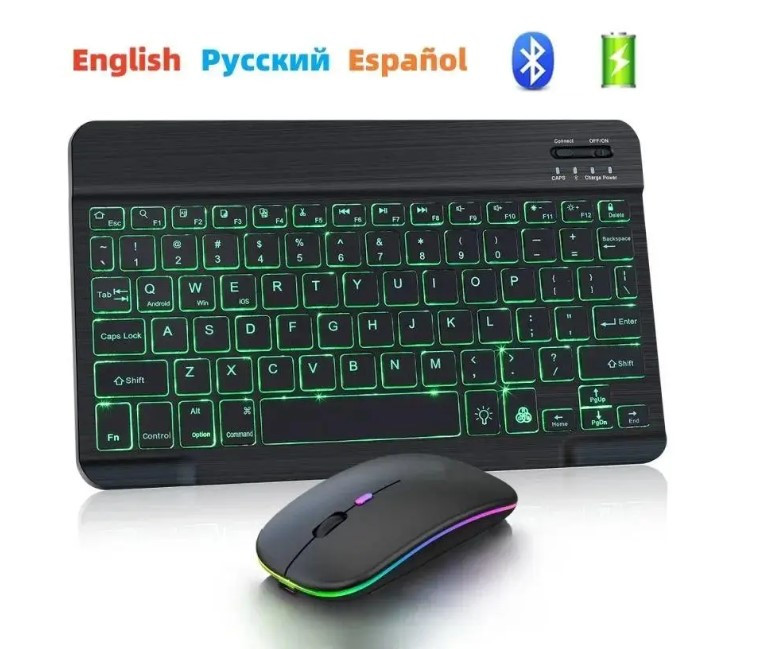 Універсальна бездротова Bluetooth клавіатура + мишка з RGB підсвічуванням | 25×15 см | Чорна, фото 1