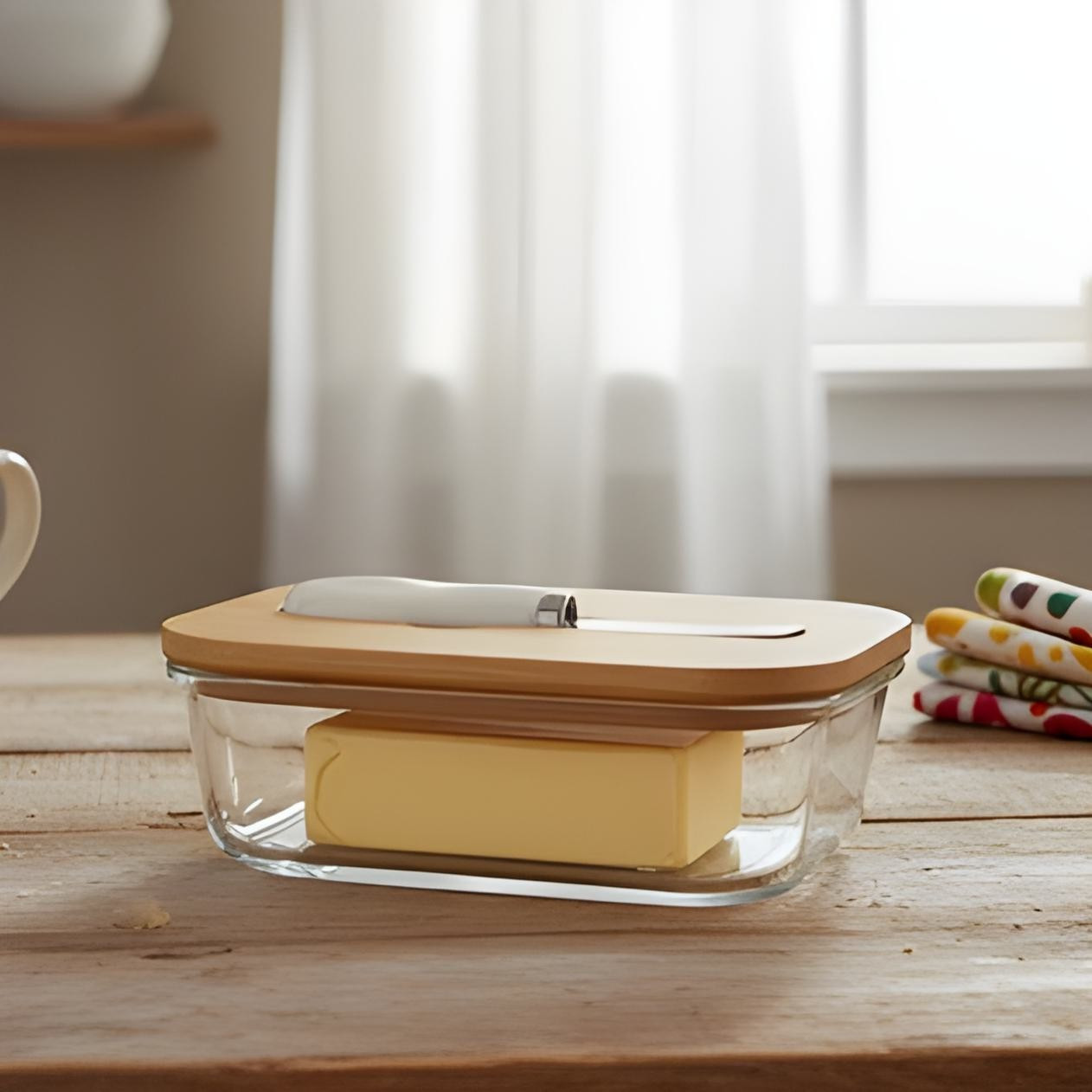 Маслянка скляна 640 мл із бамбуковою кришкою та ножем LB640/2