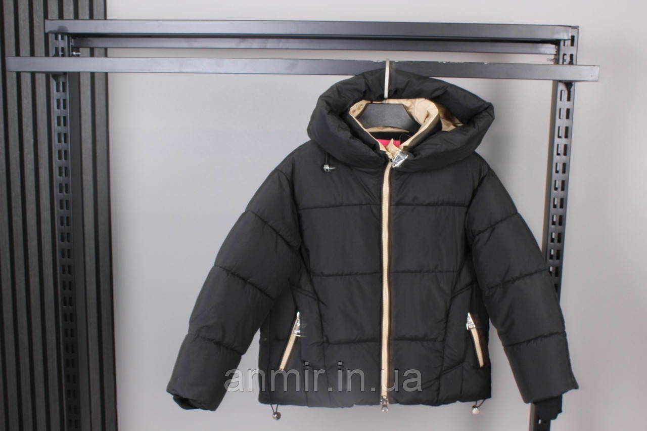 Куртка зимова пуффер дитяча з утяжками для дівчинки 6-10 років, колір чорний