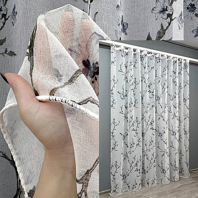 Готова тюль (3х2,7м.) батист, колекція "Flora". Колір білий з сіро-синім принтом. Код 1866т 42-0820