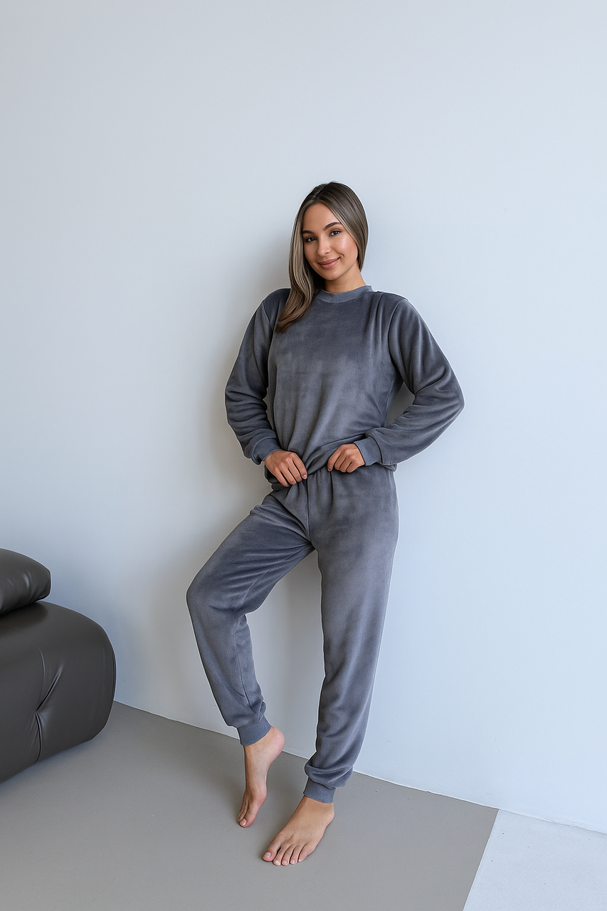 Махрова жіноча Піжама Домашній костюм ВЕЛСОФТ S-2XL ТЕПЛИК СІРИЙ COSY VEL031, фото 1