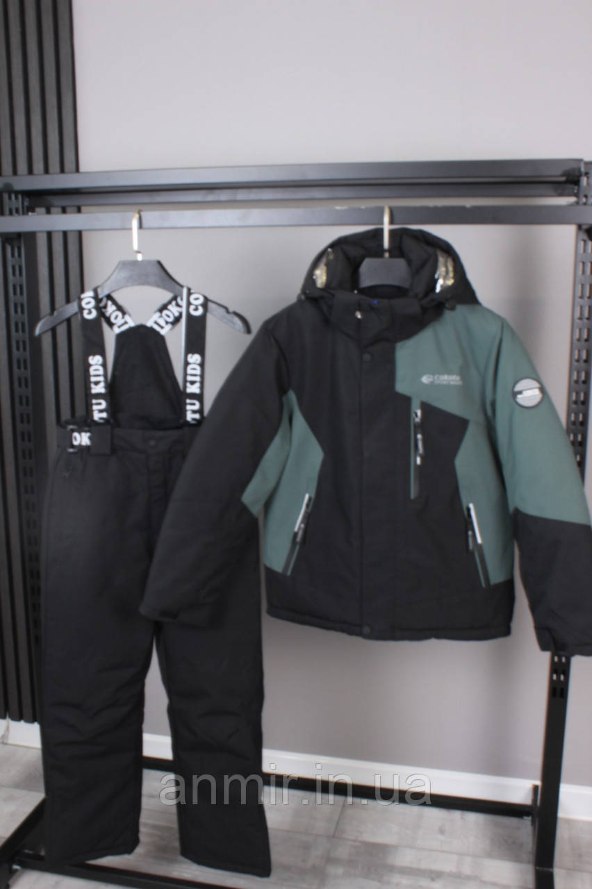 Комбінезон лижний зимовий юніор ЛОГОТИП для хлопчика 10-14 років, чорний із бірюзовим