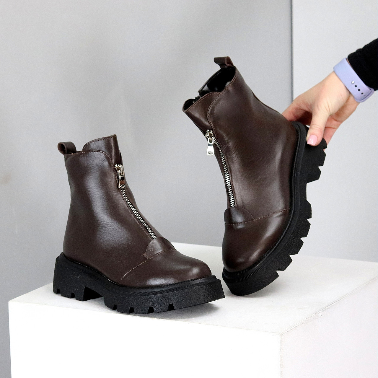 Теплі повсякденні шкіряні черевики на блискавці колір Шоколад, фото 1