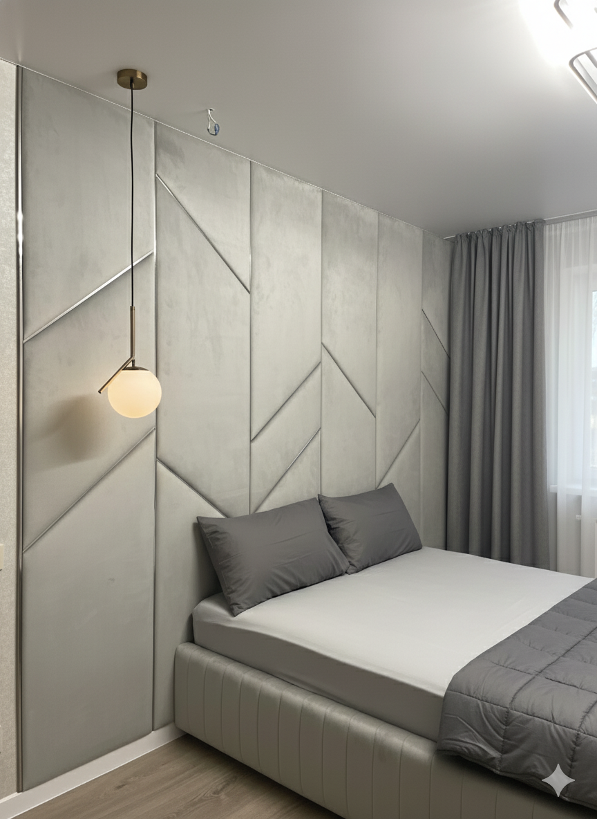 М'які стінові панелі з металевими вставками в спальню, фото 1