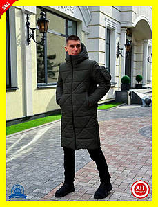 Куртка-пальто зимова чоловіча з водовідштовхувальним просоченням Хакі утеплена синтепухом для холодної погоди