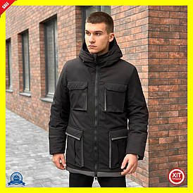 Зимова парка чорна сірий утеплена з флісом та поліестером 7 кишень для чоловіків та жінок