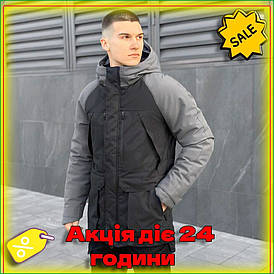 Чоловіча парка Pobedov Seniora Udacha Gray Чорно-сірий зимова куртка з капюшоном утеплена для вулиці та активного відпочинку