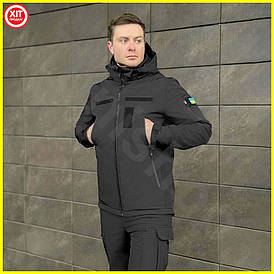 Куртка з липучками Soft Shell чорна для військових і активного відпочинку з вентиляцією 5 кишень