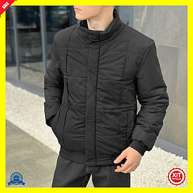 Куртка чорна водовідштовхувальна з утеплювачем для осені та весни з кишенями та коміром стійкою