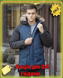 Чоловіча куртка-парка Pobedov Seniora udacha Чорна-темно синя зимова куртка з капюшоном для захисту від вітру та опадів