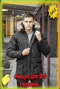 Чоловіча куртка-парка Pobedov чорна утеплена з капюшоном для захисту від вітру та опадів зимова куртка