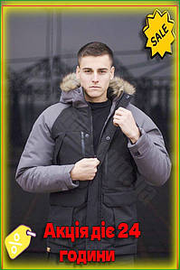 Чоловіча парка Pobedov Seniora udacha Чорно-сірий утеплена куртка з капюшоном для зими вуличний стиль