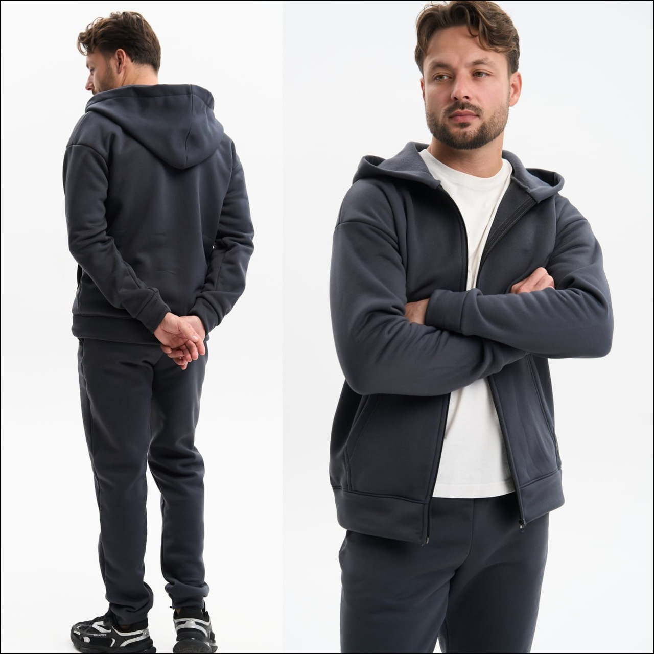 Чоловічий спортивний костюм на блискавці теплий на флісі із тринитки для зими кофта та штани графіт - фото 1 - id-p2798212596