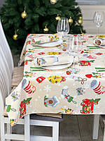 Водоотталкивающая Скатерть новогодняя с принтом Рождественский декор 120х120 см (+ 2 салфетки 30х40) Бежевый