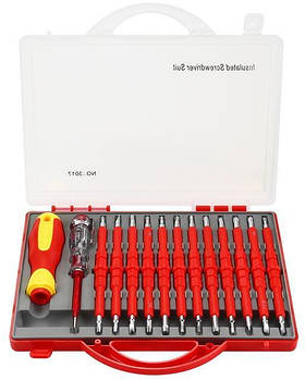 Набір ізольованих викруток 12шт. зі змінною ручкою + тестер напруги  KD5971