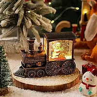 Нічник "Різдвяний поїзд" (13×8.5 см) Новорічний паровоз зі сніговиком (світильник) / Декоративний сніговий світильник HC-D013