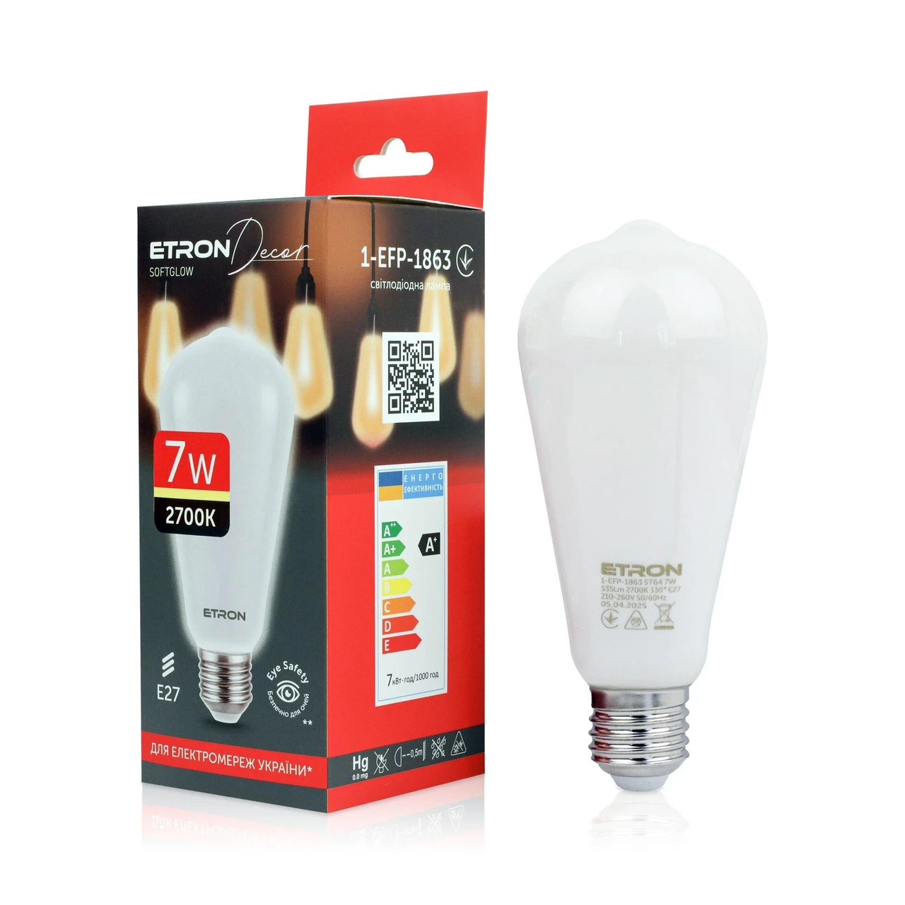 Філаментна LED лампа 7W 2700K ST64 E27 ETRON SoftGlow 1-EFP-1863 Filament, фото 1