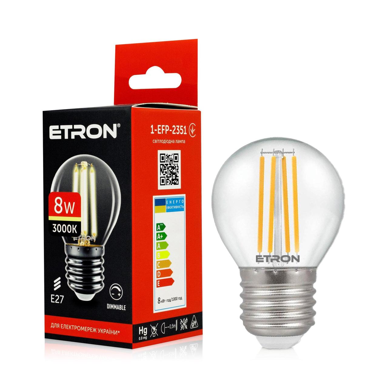 Філаментна LED лампа 8W 3000K G45 E27 ETRON 1-EFP-2351 прозоре скло димерна, фото 1