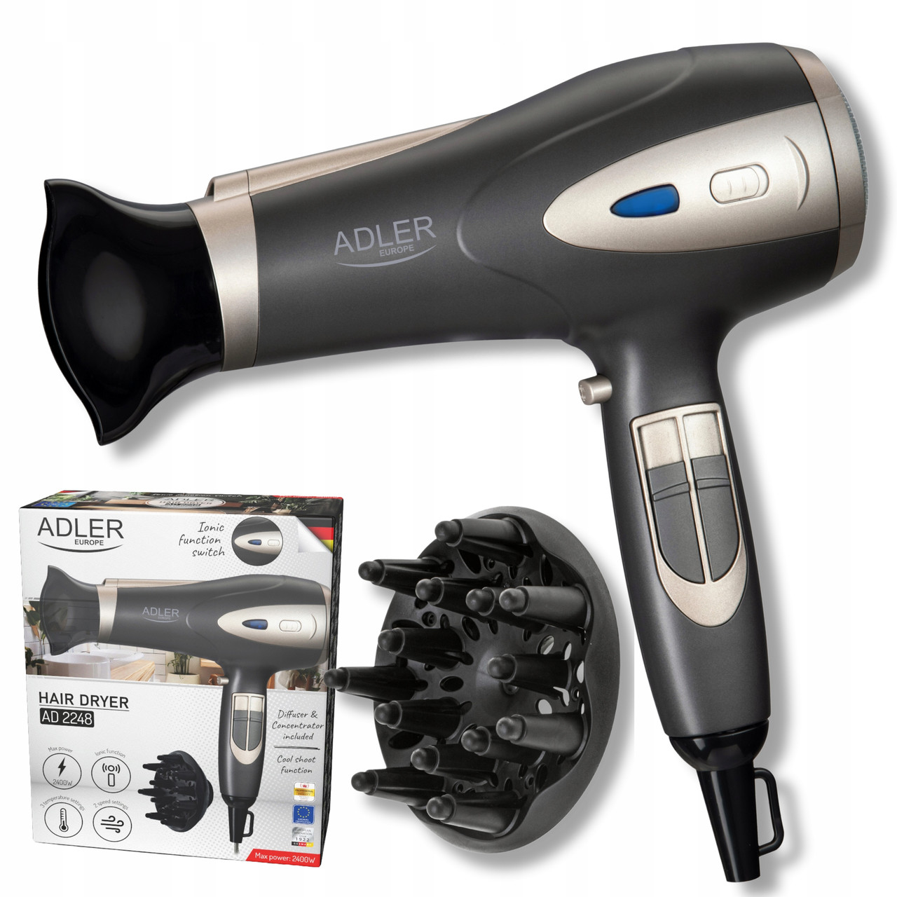 Фен Adler AD 2248 grey — 2400 Вт, Іонізація, 3 температури, Концентратор + дифузор, фото 1